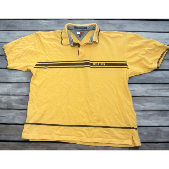 Vintage Tommy Hilfiger Preppy Yellow Striped Polo Shirt Mens 2XL XXL - Picture 1 of 7